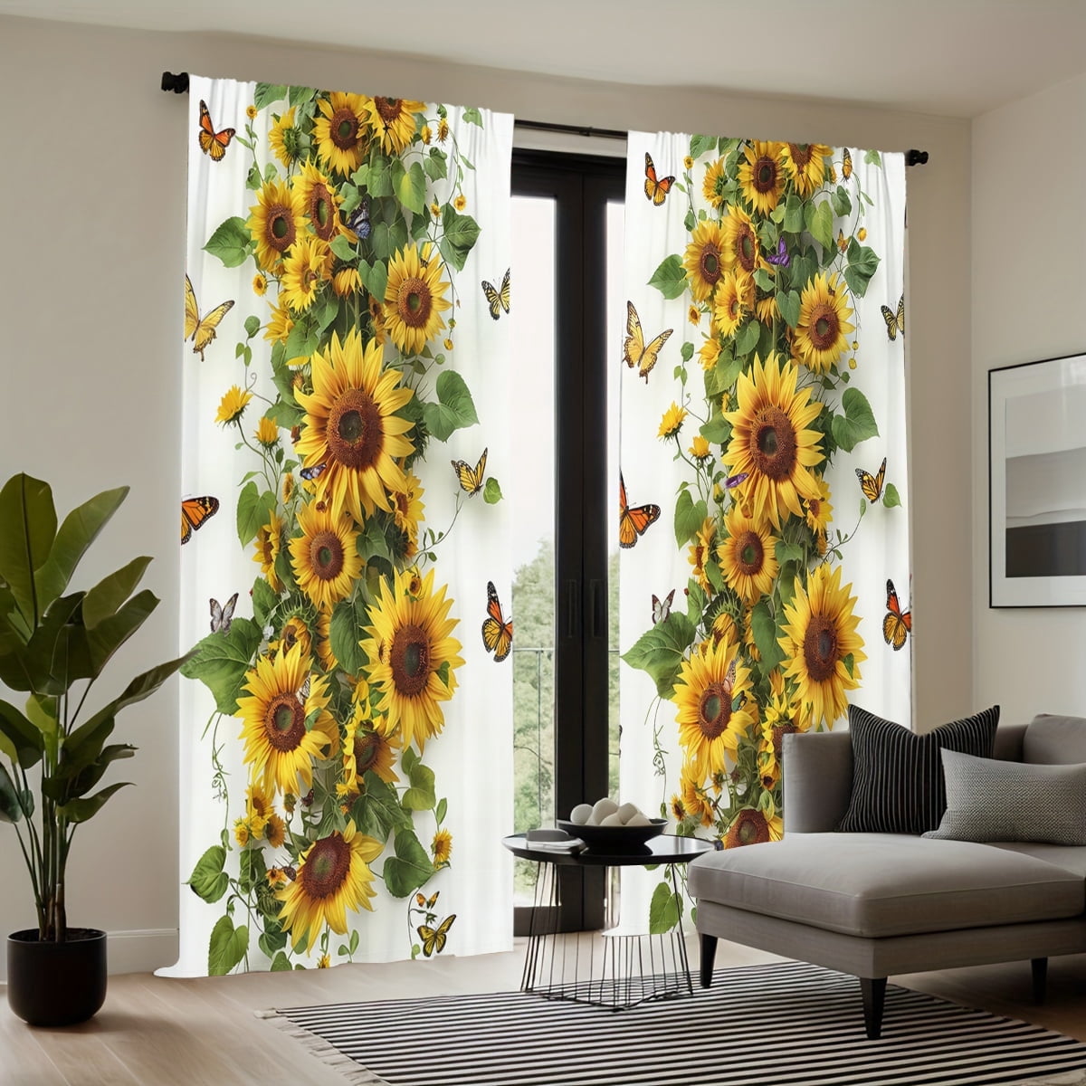 WNOOHIY Rural Natural Butterfly Sunflower Green Branches Light-filtering Window Curtains for Bedroom and Living Room, Set of 2 Panels
