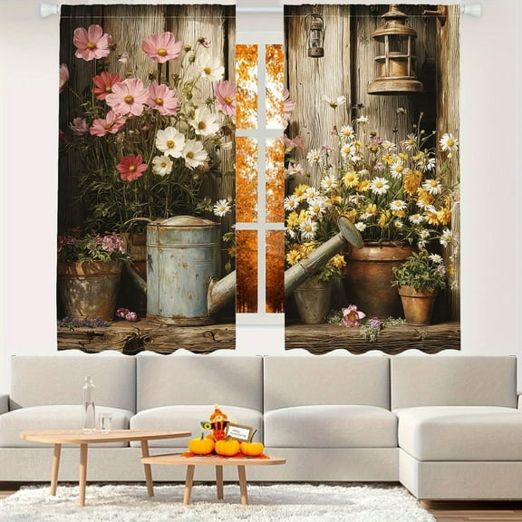 WNOOHIY Rustic Floral Daisy Watering Can Pattern Light-filtering Curtains for Living Room Bedroom Home Decoration, Set of 2 Panels