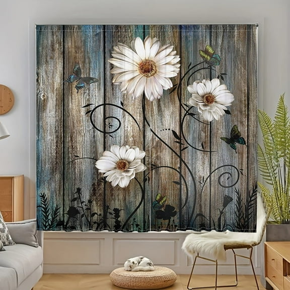 WNOOHIY Rustic Style Barn Board Wood Door Floral Butterfly Light-Filtering Curains for Bedroom,Living Room,29.5" × 65", Set of 2 Panels