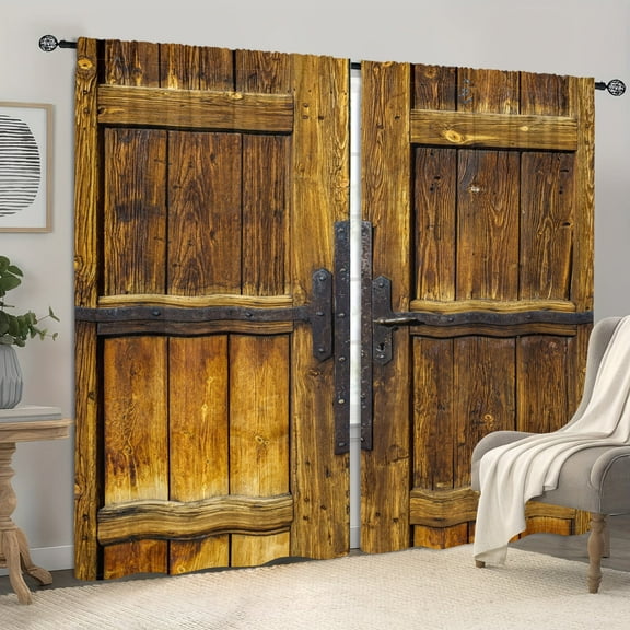WNOOHIY Rustic Vintage Barn Door Wood Grain Light-filtering Curtains for Youngsters Bedroom Living Room,Set of 2 Panels