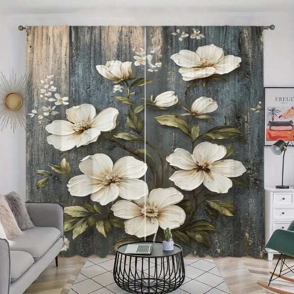 WNOOHIY Rustic White Floral Print Light Filtering Curtains for Living Room Bedroom, Set of 2 Panels