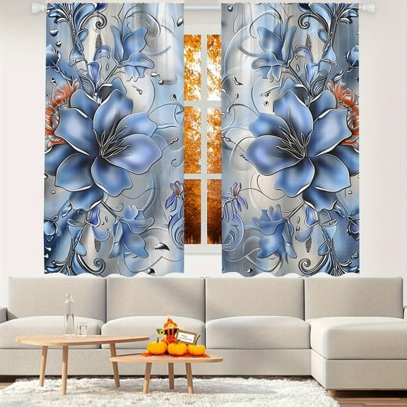 WNOOHIY Silver-Blue Lily Floral Pattern Light-filtering Curtains for Young People Bedroom Living Room,Set of 2 Panels