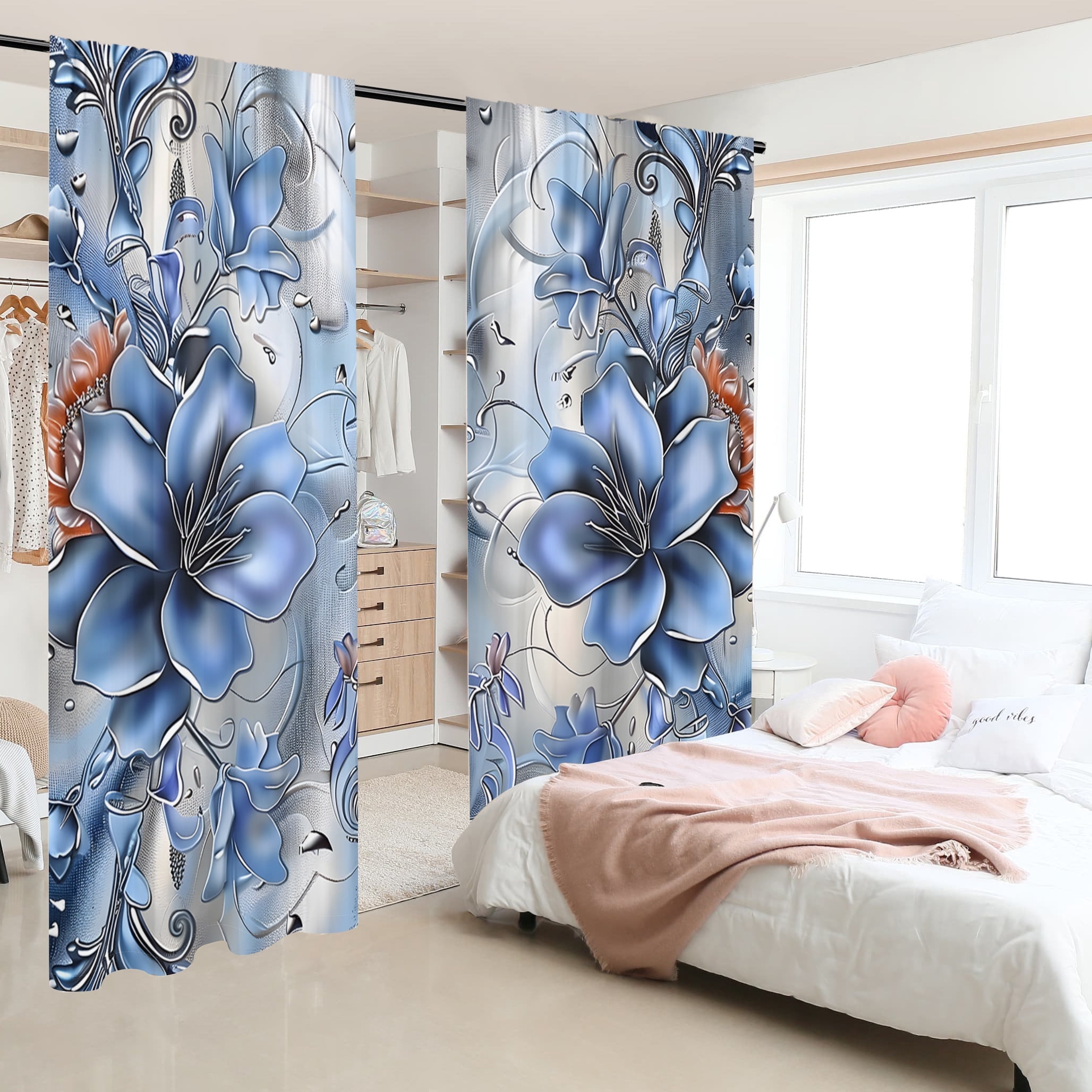 WNOOHIY Silver-Blue Lily Floral Pattern Light-filtering Curtains for Young People Bedroom Living Room,Set of 2 Panels