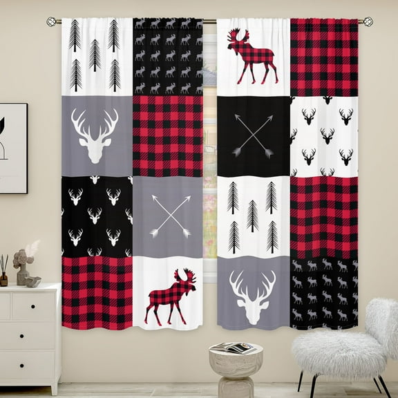 WNOOHIY Simple Black White Red Patchwork Plaid Privacy Light-filtering Window Curtains for Bedroom and Living Room, 2 Panels