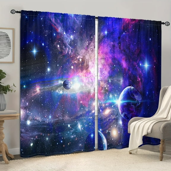 WNOOHIY Stunning Blue Purple Galaxy Starry Rod Pocket Curtains for Bedroom Living Room,2 Panels
