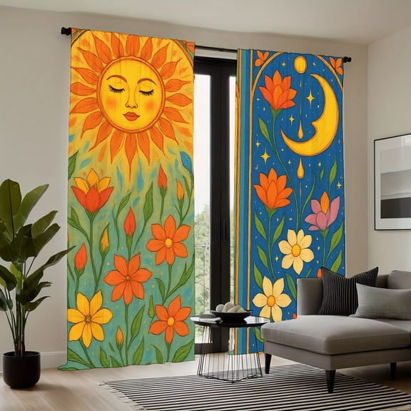 WNOOHIY Sun Moon Floral Pattern Light-filtering Curtains, Bohemian Aesthetic Art Window Drapes for Living Room Bedroom, 52x84inx2pcs