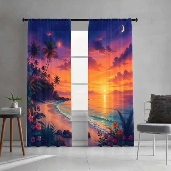 WNOOHIY Tropical Beach Sunset Palm Tree Coastal Ocean Panoramic Light Filtering Curtains, Vivid Summer Landscape Decor, All-Season Curtains for Living Room Bedroom Dormitory, 2 Panels