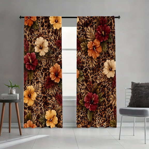WNOOHIY Tropical Hibiscus Leopard Print Floral Accents Light Filtering Curtains, Spring Refresh Decor, All-Season Curtains for Living Room Bedroom Dormitory Decoration, 2 Panels
