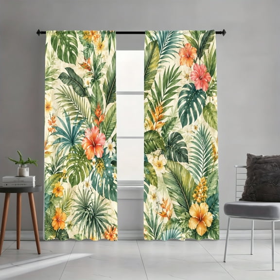 WNOOHIY Tropical Leaf Hibiscus Flower Pattern Light-filtering Window Curtains for Living Room Bedroom Decor, Set of 2 Panels