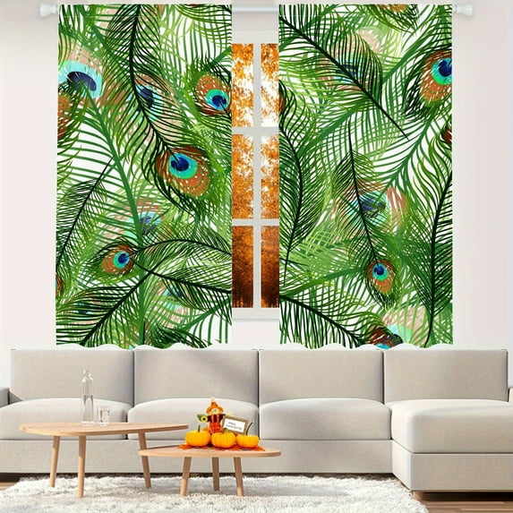 WNOOHIY Tropical Peacock Feather Green Palm Leaves Pattern Light-filtering Curtains For Living Room Bedroom Balcony Office, Home Decor,2pcs