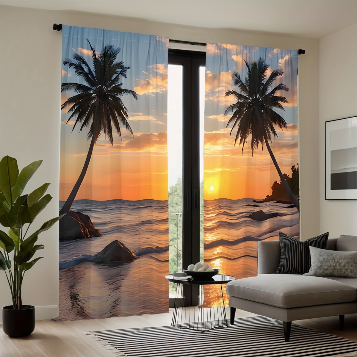 WNOOHIY Tropical Style Beach Sunset Privacy Light-filtering Window Curtains for Bedroom and Living Room, 2 Panels