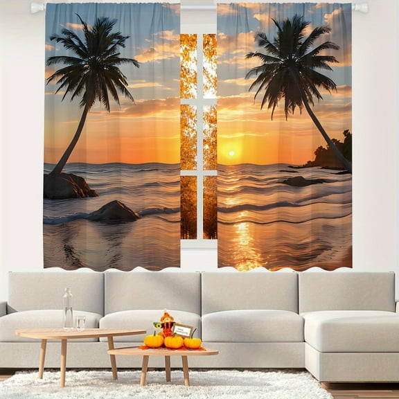 WNOOHIY Tropical Style Beach Sunset Privacy Light-filtering Window Curtains for Bedroom and Living Room, 2 Panels