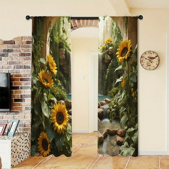 WNOOHIY Vibrant Waterfall & Blooming Sunflower Light-filtering Window Curtains for Bedroom and Living Room, Set of 2 Panels