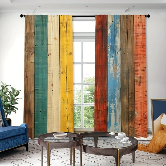 WNOOHIY Vintage Colorful Striped Wooden Plank Light-filtering Curtains for Young People Bedroom Living Room,Set of 2 Panels