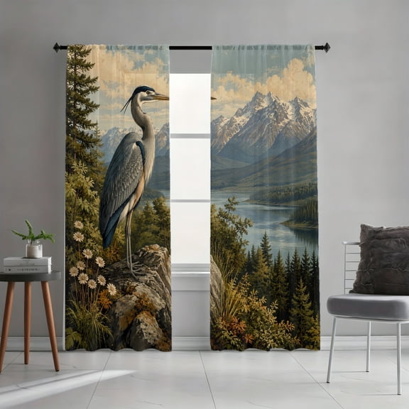 WNOOHIY Vintage Heron Lake Mountain Landscape Print Light Filtering Curtains, Nature Scene Seasonal Decor, All-Season Curtains for Living Room Bedroom Dormitory, 2 Panels