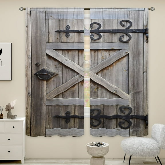 WNOOHIY Vintage Rustic Barn Door Printed Curtains for Bedroom and Living Room, Set of 2 Panels