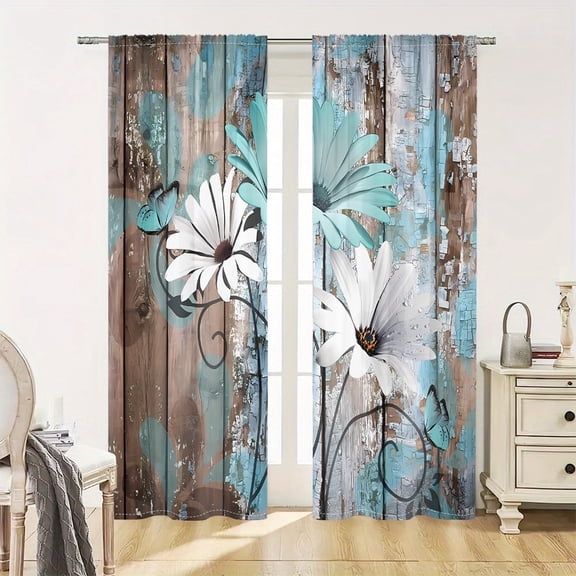WNOOHIY Vintage Rustic Wooden Daisy Print Curtains for Bedroom,Dining Room, Living Room,2 Panels