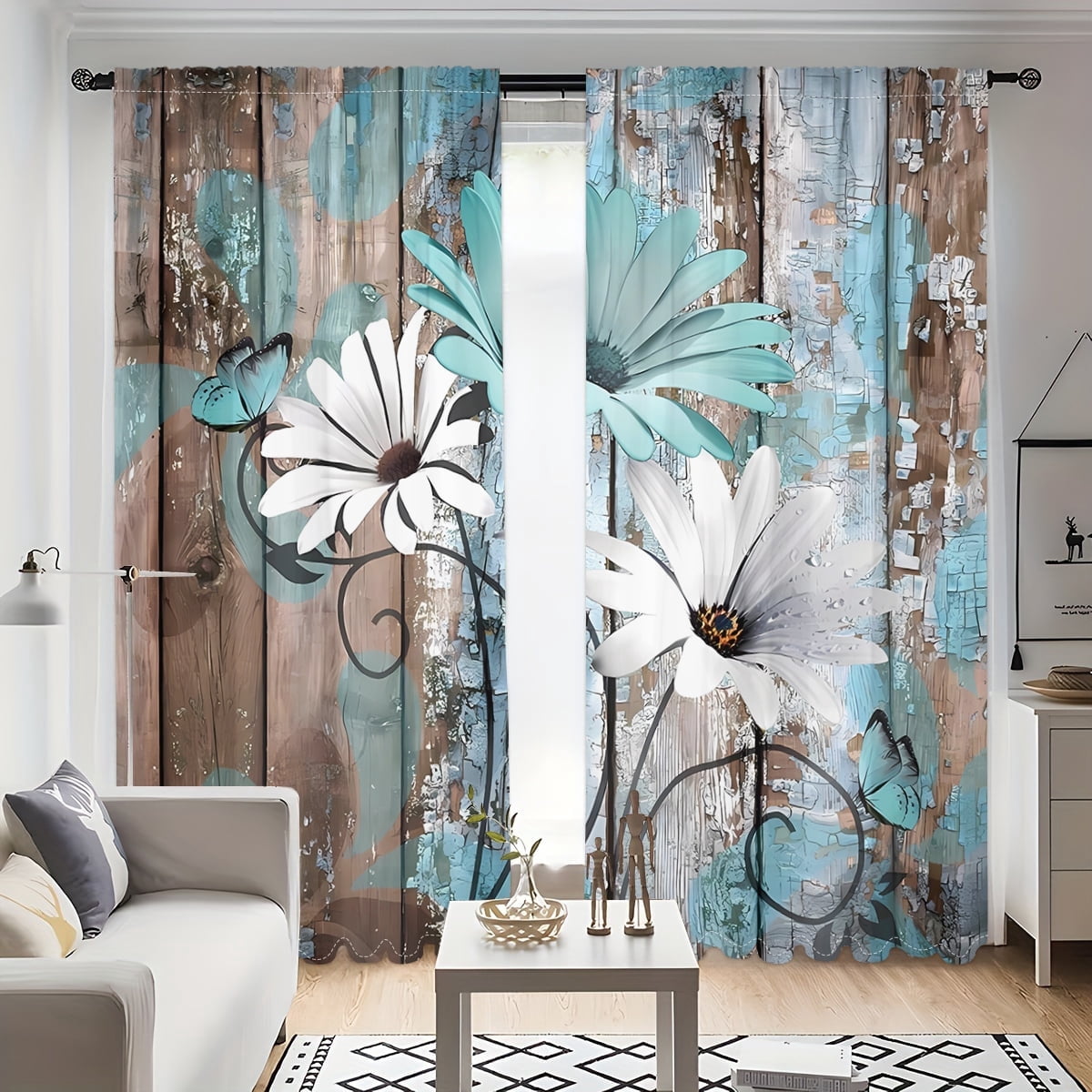 WNOOHIY Vintage Rustic Wooden Daisy Print Curtains for Bedroom,Dining Room, Living Room,2 Panels
