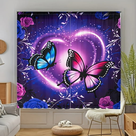 WNOOHIY Vivid Romantic Purple Butterfly Heart Light-Filtering Curtain,29.5" × 65", Set of 2 Panels