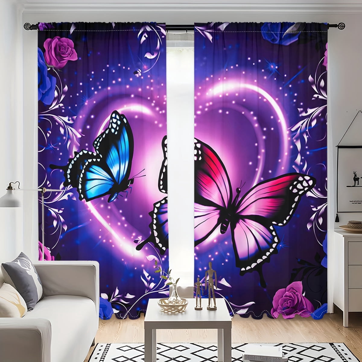 WNOOHIY Vivid Romantic Purple Butterfly Heart Light-Filtering Curtain for Bedroom and Living Room, Set of 2 Panels