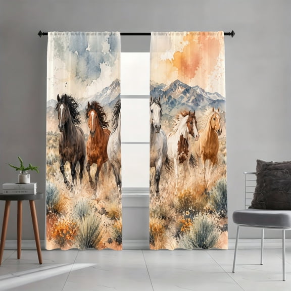 WNOOHIY Watercolor Wild Horse Mountain Scenery Light-Filtering Curtains, 2 Panels for Living Room Bedroom Dining Room