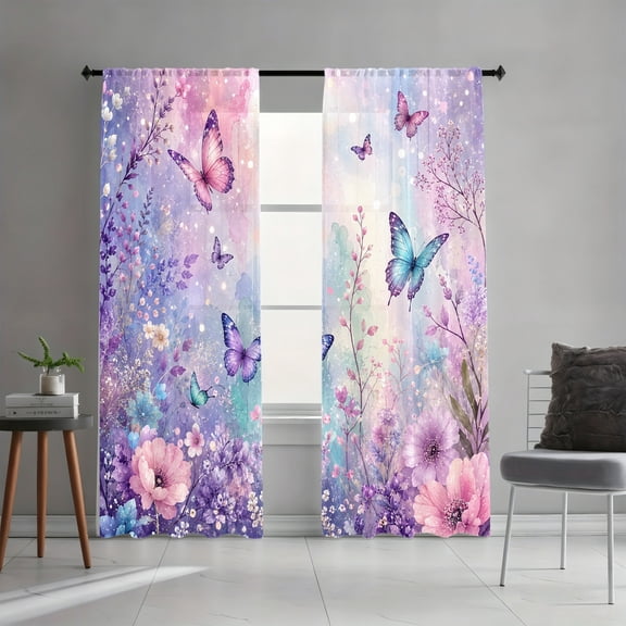 WNOOHIY Whimsical Butterfly Floral Art Print Light-Filtering Curtains, 2 Panels for Living Room Bedroom Dining Room