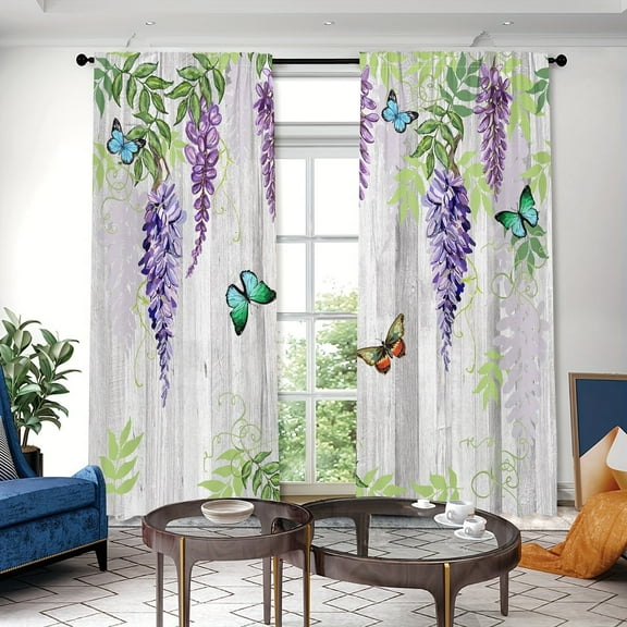 WNOOHIY Wood Grain Artistic Floral And Butterfly Light-filtering Curtains for Youngsters Living Room Bedroom,Set of 2 Panels