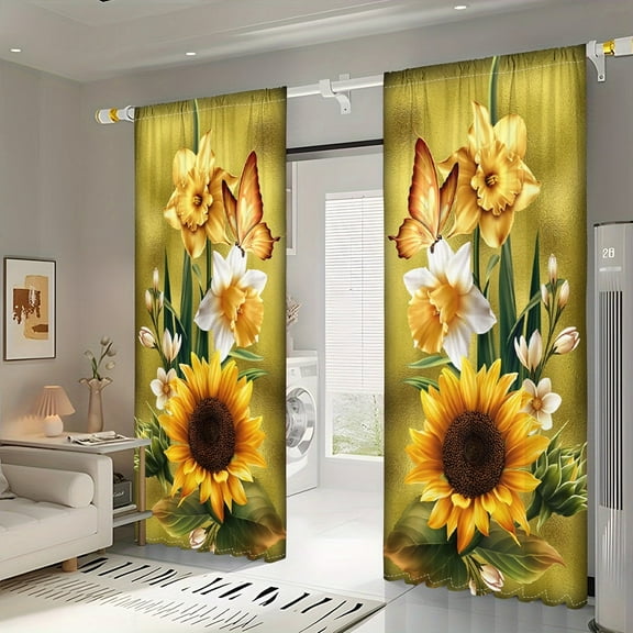 WNOOHIY Yellow Sunflower Floral Butterfly Light-filtering Curtains,39.5" × 87", Set of 2 Panels