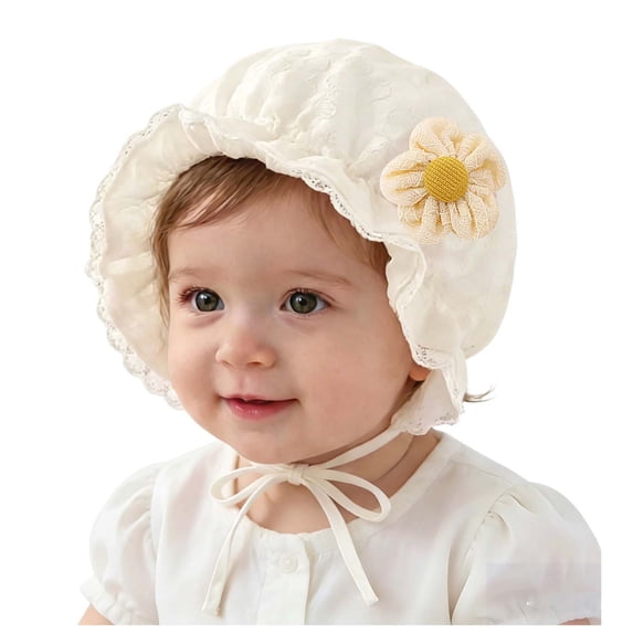 WNVMWI Baby Sun Hat Infant Girls Lace Bonnet with Chin Tie Summer Newborns Cute Flower Decorations Hats Beige 1-12 Months