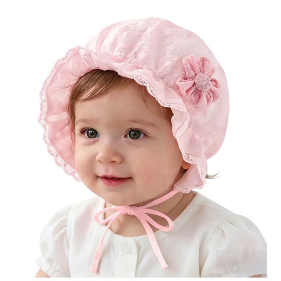 WNVMWI Baby Sun Hat Infant Girls Lace Bonnet with Chin Tie Summer Newborns Cute Flower Decorations Hats Light Pink 1-12 Months