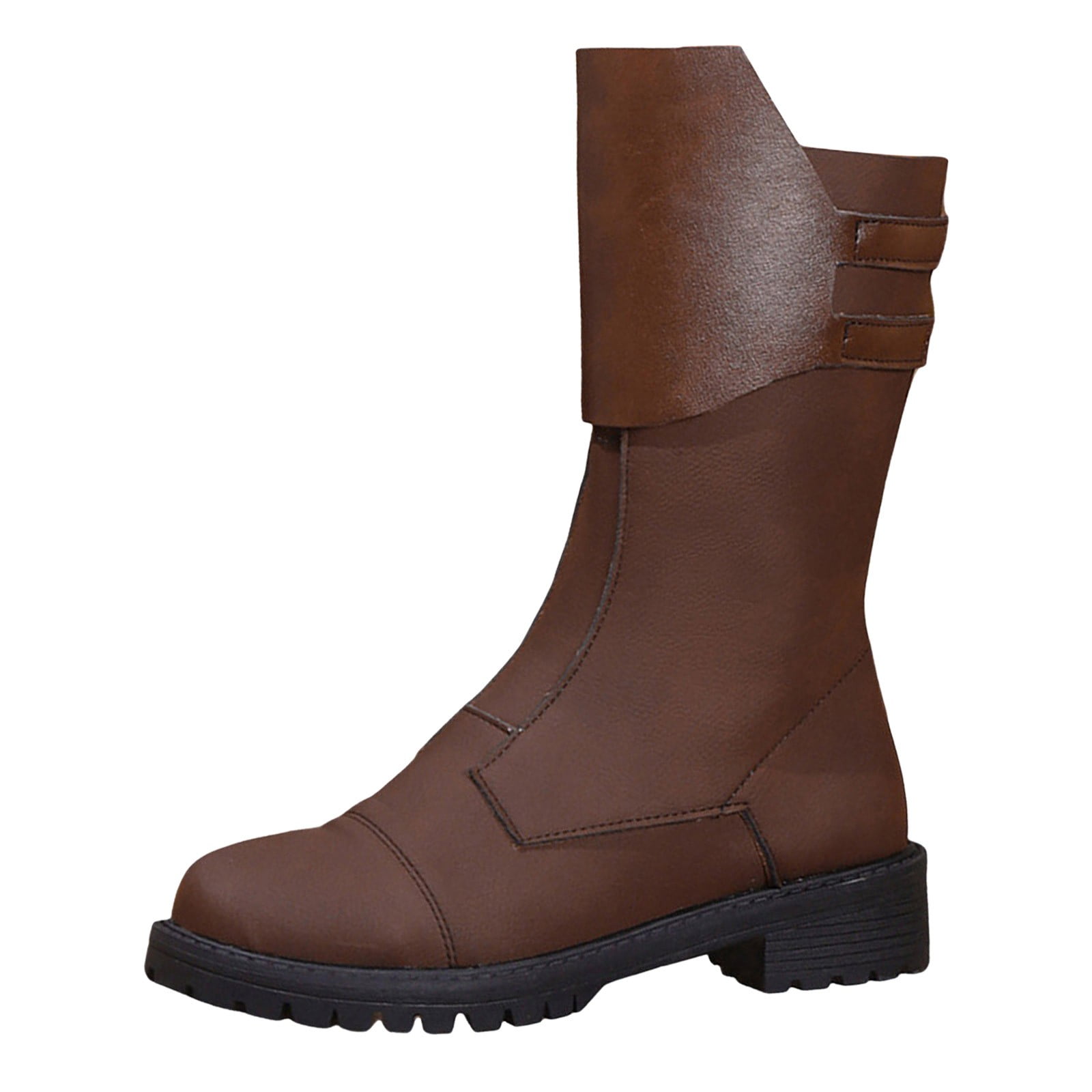 Wefuesd Ladies Fashion Solid Color Leather Round Toe Biker