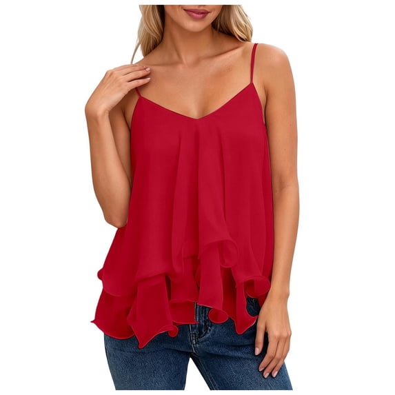 WNVMWI Flowy Tank Tops for Women Ruffle Layered Spaghetti Strap Camisole Ladies Sleeveless Mesh Dress Blouse Red S