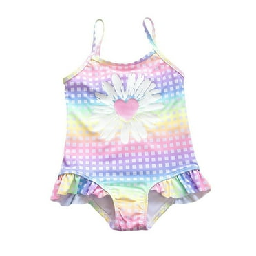 WNVMWI Girl Swimsuit Purple 2024 Peachheart Print Check Girls' Swimsuit Ruffled One Piece Swimsuit Girls Children's Swimsuit Bathing Suit 8