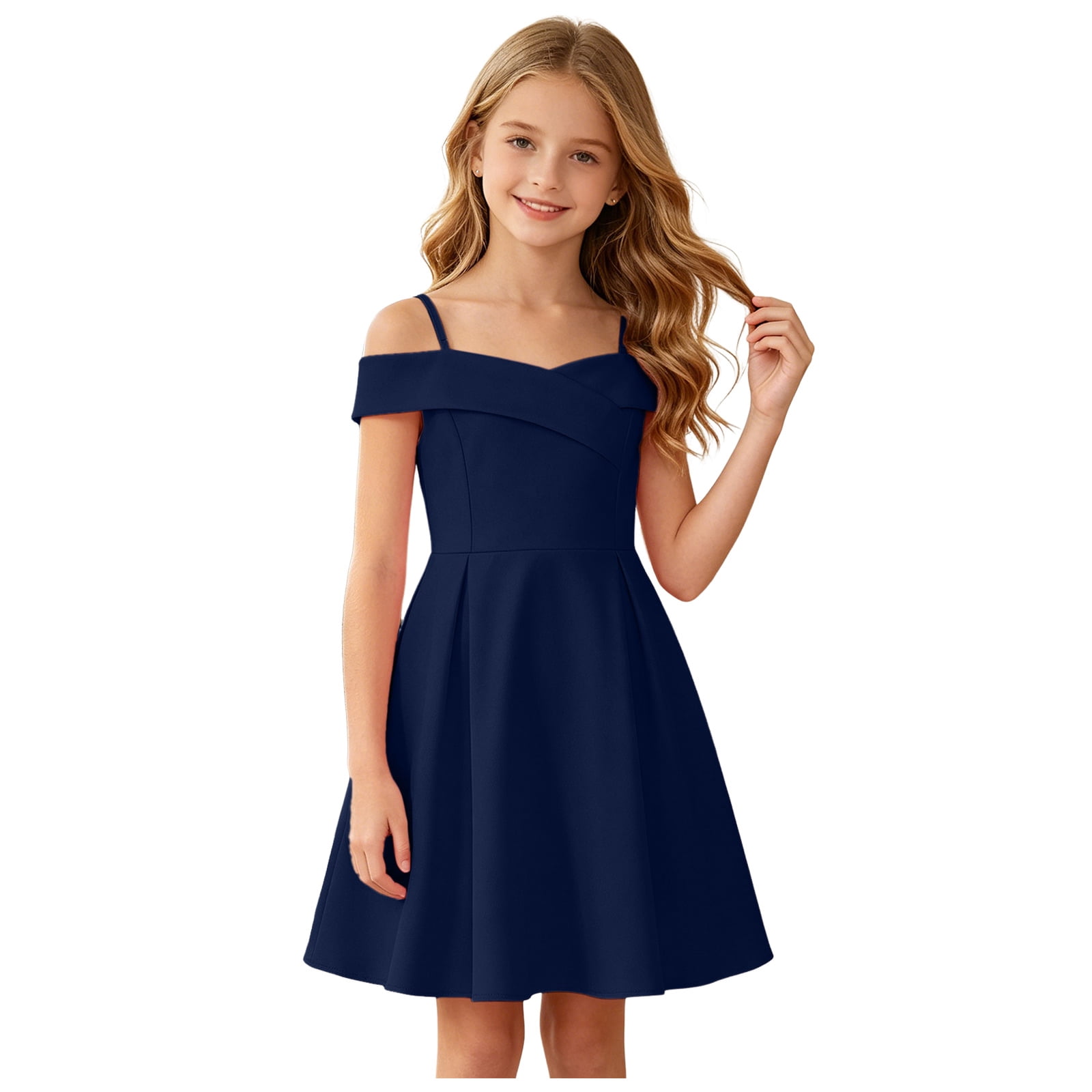 WNVMWI Girls Off Shoulder Summer Dresses Childrens Spaghetti Strap Skater Dress Kids Party Short formal Gown 11-12 Years Light Blue