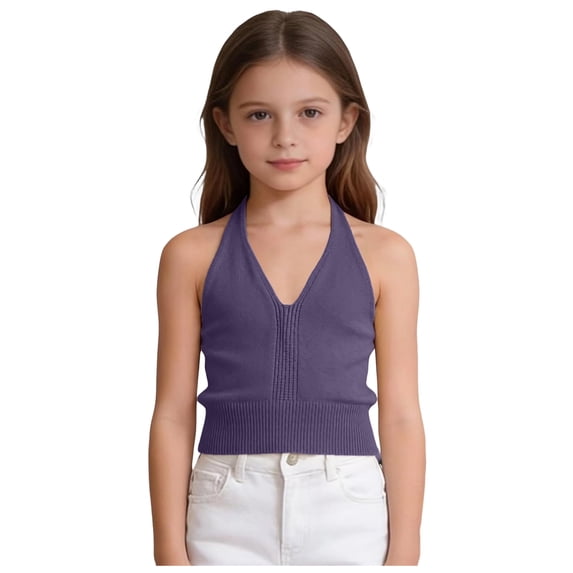 WNVMWI Girls Summer Outfits Toddlers V Neck Tank Tops Kids Knit Tied Sleeveless Top Childrens Slim Fit Basic Tees 9-10 Years Purple
