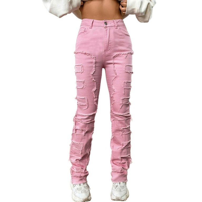 パンツ back slit curve denim pants (pink) ZhiHiMeRi Women's Pink Rhinestone Gradient Denim Wide Leg