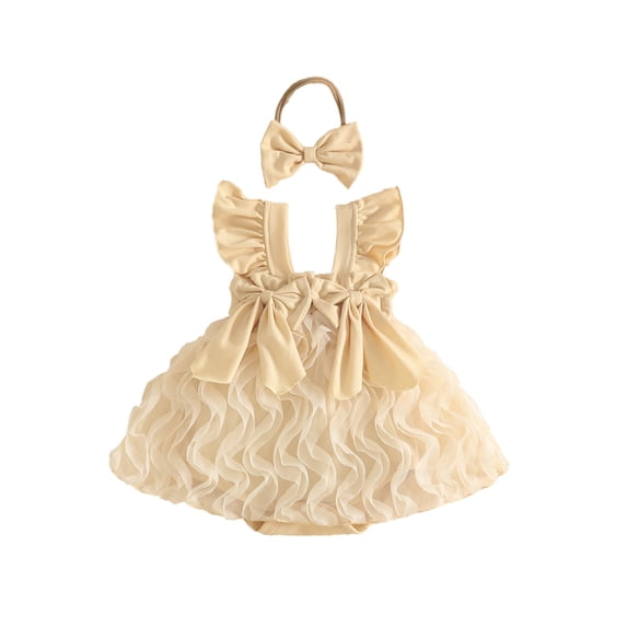 WNVMWI Infant Girl Romper Dress Newborn Ruffle Sleeveless Bodysuit with Bow Headband Baby Girls Summer Onesie 0-3 Months Beige