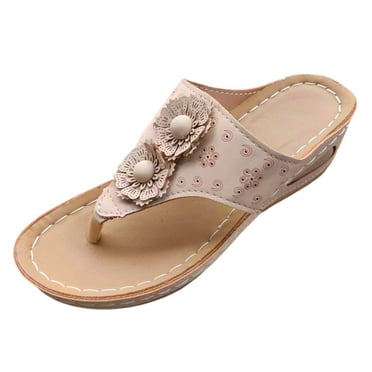 WNVMWI Sandals Women Women's Flip-Flops Beach Wonens Sandals White Shoes Slippers Flip Flops Summer Vintage Wedge Beach Slippers Toe Platform Flower Decoration Plus Size Arch Sole Sandal Slip Size 39