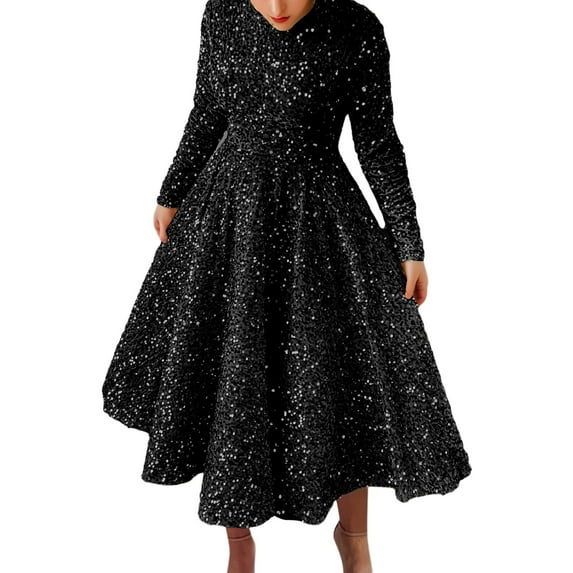 WNVMWI Sequin Formal Dresses for Women Evening Party Casual Loose Long Sleeve Long Dress Solid Color Maxi Dress Black