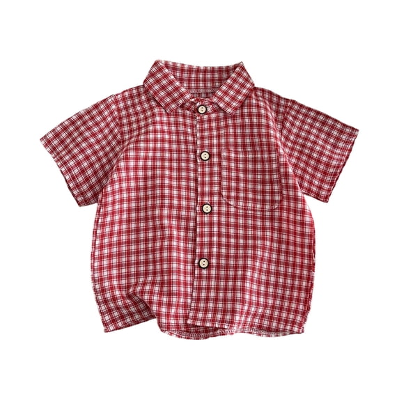 WNVMWI Toddler Boys Short Sleeve Plaid Shirt Childrens Collar Basic Tops Kids Summer Casual Button Down Shirts 1-2 Years Red