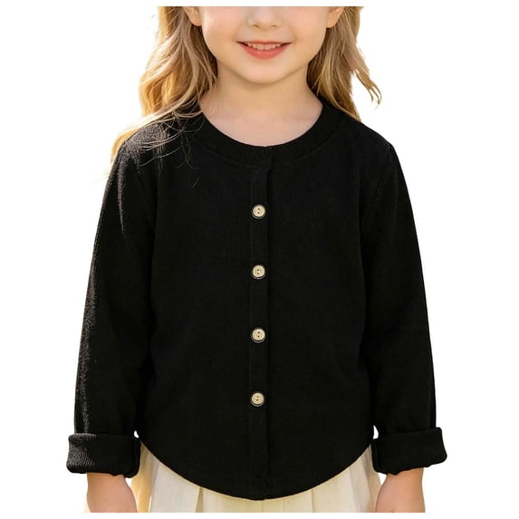 WNVMWI Toddler Girls Long Sleeve Tops Kids Button Down Blouse Little Girl Crewneck Cardigan Shirts with Curved Hem 3-4 Years Black