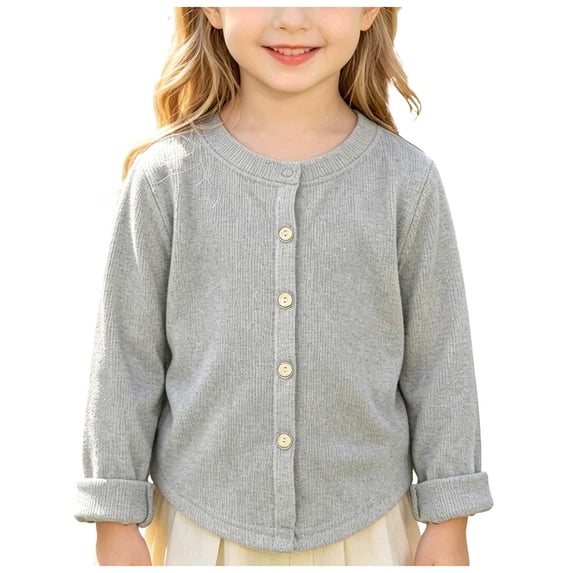 WNVMWI Toddler Girls Long Sleeve Tops Kids Button Down Blouse Little Girl Crewneck Cardigan Shirts with Curved Hem 7-8 Years Grey