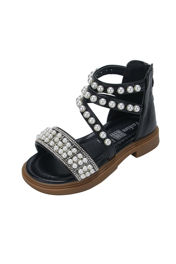 Toddler Sandals Summer Kids Shoes Girls Open Toe Gladiator Sandal with Zipper Closure Low Block Heel Black Size 10