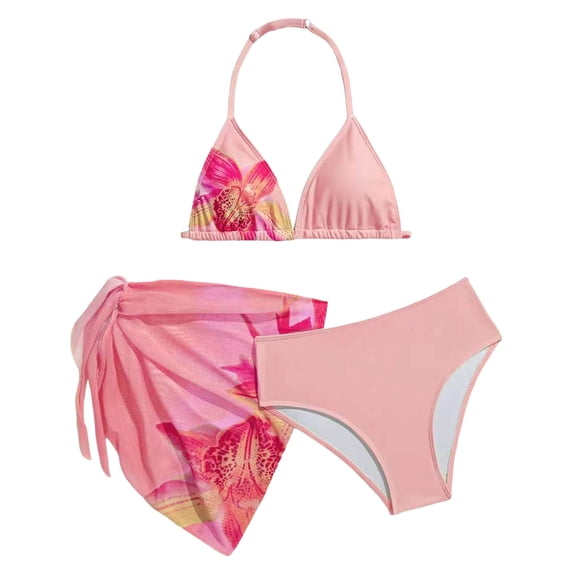 WNVMWI Tween Bathing Suits Girls 3 Piece Print Swimsuit Set Childrens Triangle Bikini Top Brief Cover Up Skirt 10-11 Years Pink