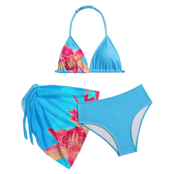 WNVMWI Tween Bathing Suits Girls 3 Piece Print Swimsuit Set Childrens Triangle Bikini Top Brief Cover Up Skirt 11-12 Years Blue