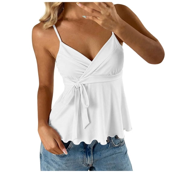 WNVMWI V Neck Tank Tops for Women V Neck Spaghetti Strap Camisole Top Ladies Sleeveless Elegant Blouse White L