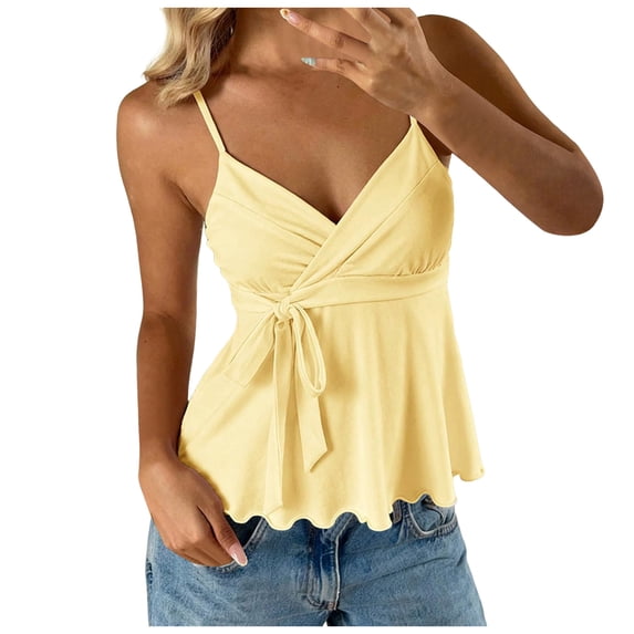 WNVMWI V Neck Tank Tops for Women V Neck Spaghetti Strap Camisole Top Ladies Sleeveless Elegant Blouse Yellow XL