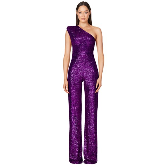 WNVMWI Women Dress One Shoulder Sleeveless High Waist Jumpsuit Slim Solid Color Elegant Trousers Sequined Long Jumpsuit Purple