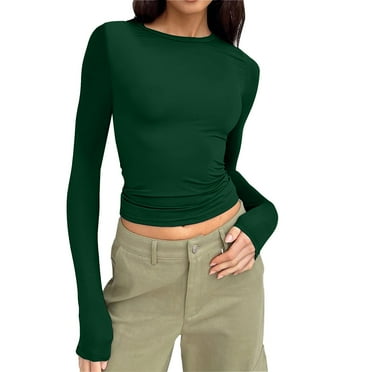 WNVMWI Womens Long Sleeve Shirts Basic Crop Tops Fall Fashion Solid Color Slim Fitted Tops Green
