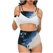 WNYEIME Bikini Swimsuits for Women Tummy Control High Waisted Swimwear Ruffled Two Piece Bathing Suits Butterfly Printed Sexy Push-Up Strappy Beachwear Blue XXL